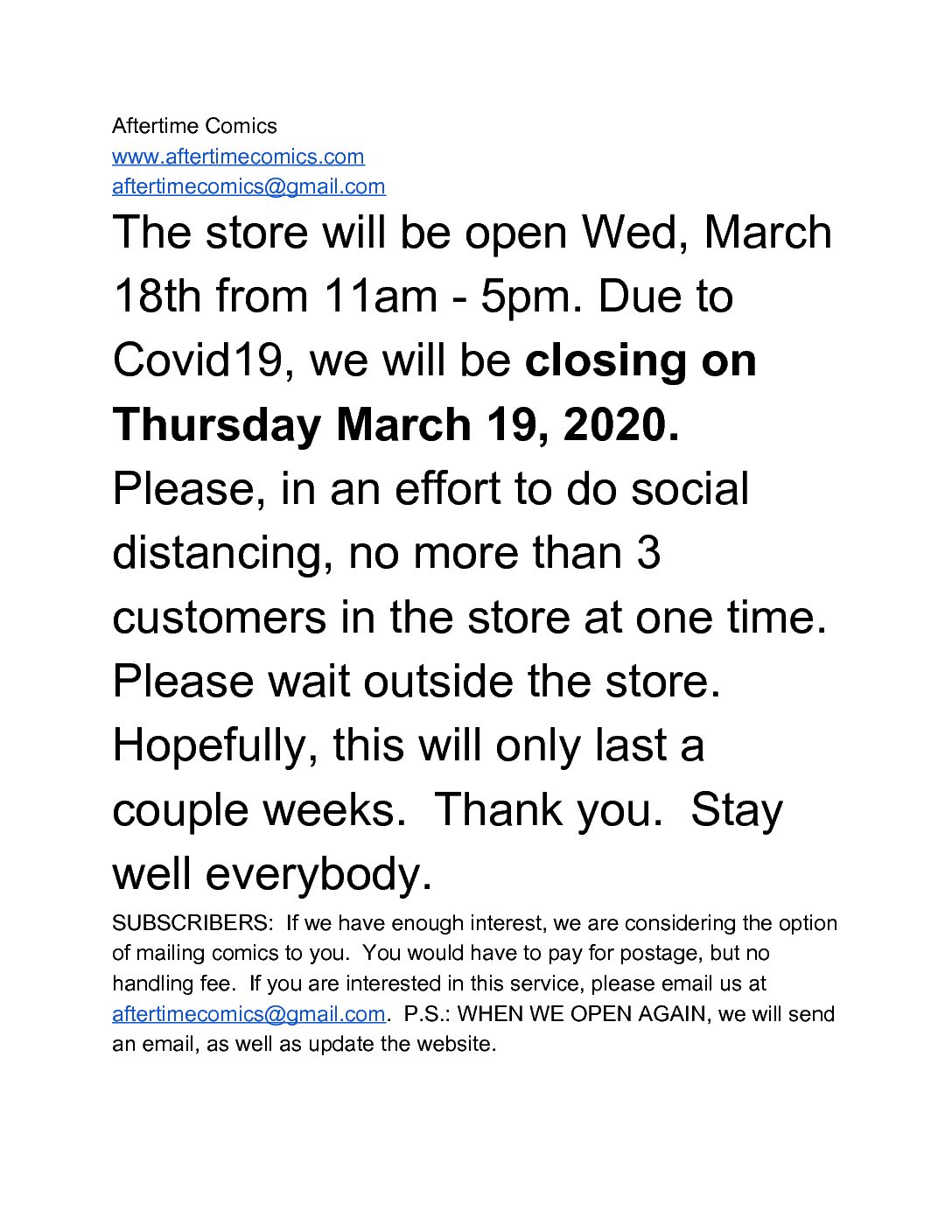 COVID-19 Store Closing Update